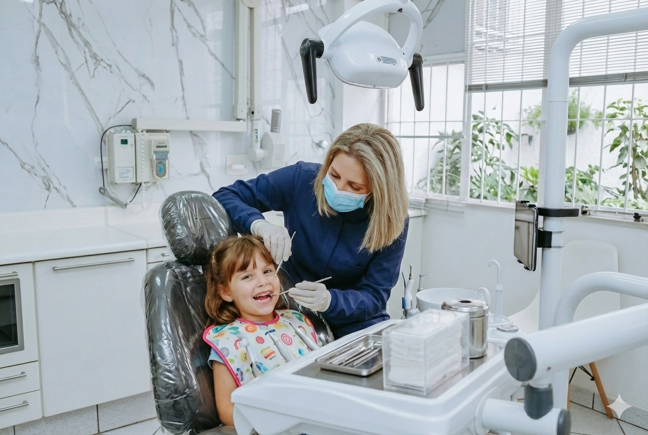 Criança sorrindo durante atendimento odontopediátrico na Odontologia Morelli