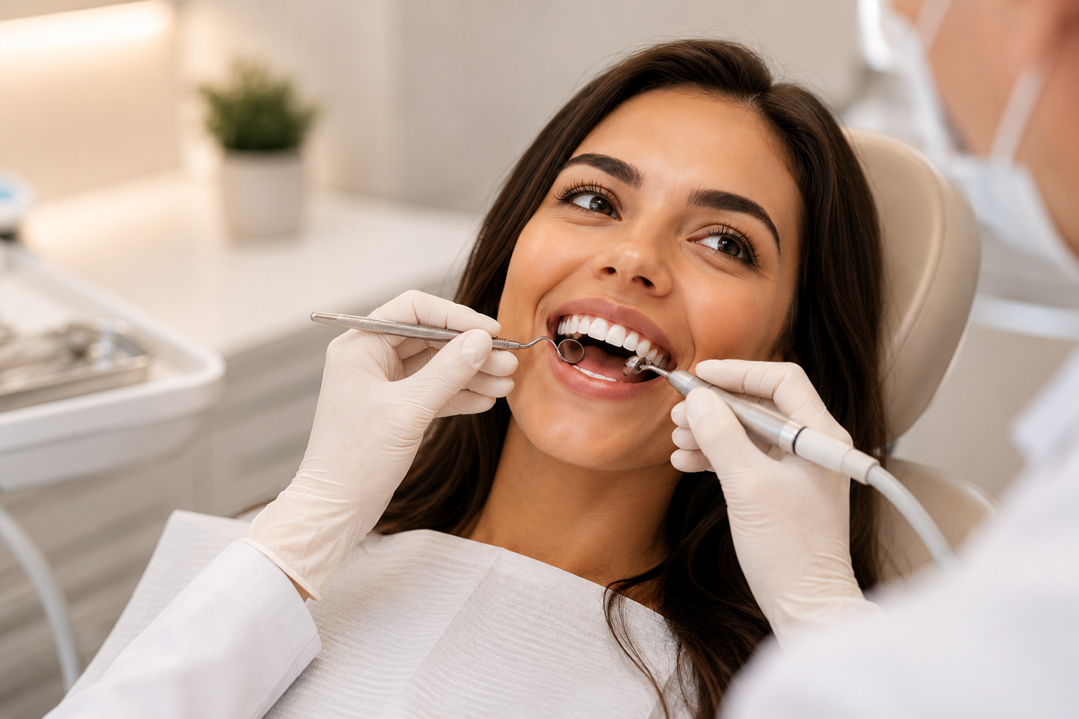 Paciente sorrindo durante uma limpeza dental, com instrumentos odontológicos e luvas do profissional