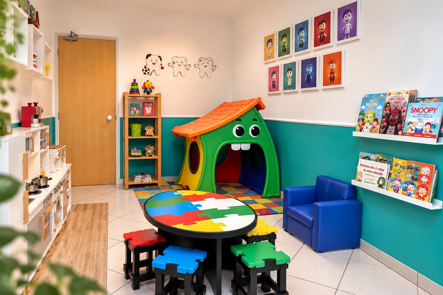 Casinha, estante e livros na brinquedoteca da Odontologia Morelli
