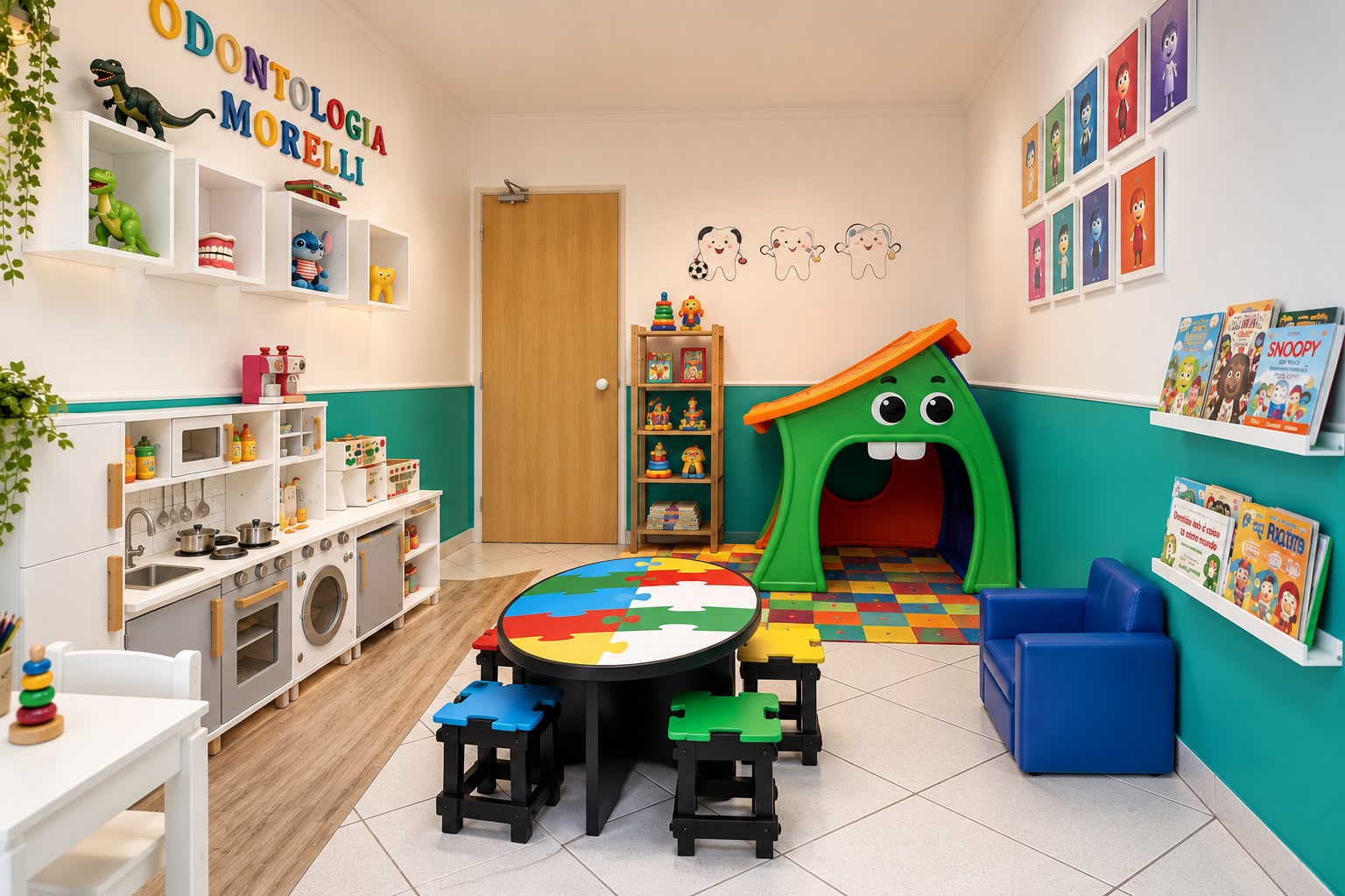 Brinquedoteca da Odontologia Morelli, com mesa de quebra-cabeça, casinha e cozinha infantil