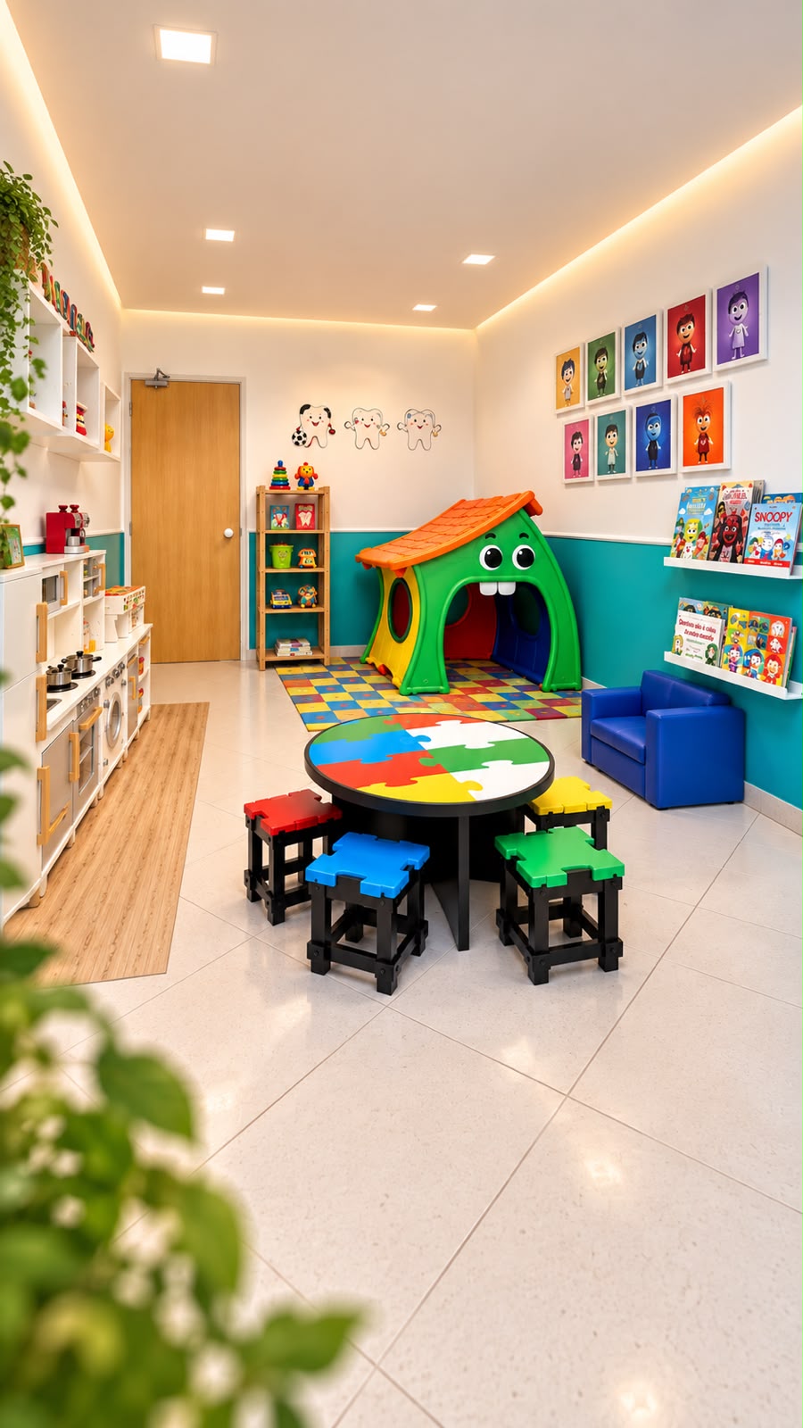 Vista geral da brinquedoteca da Odontologia Morelli, com mesa, casinha e quadros na parede