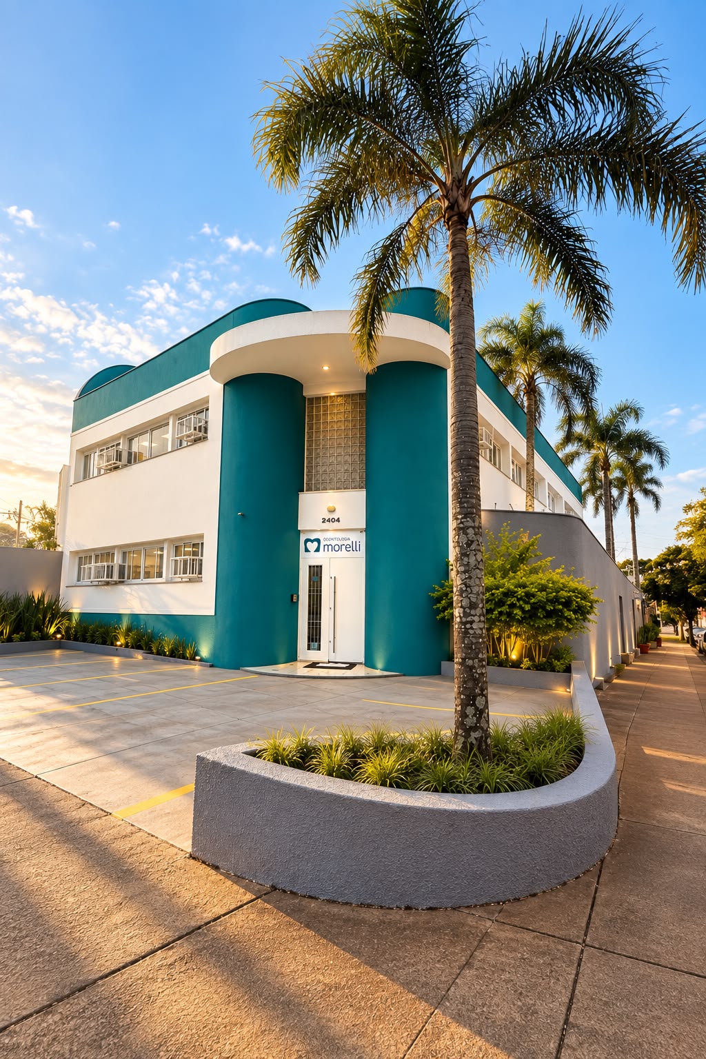 Entrada da Odontologia Morelli, com a fachada e uma palmeira em primeiro plano