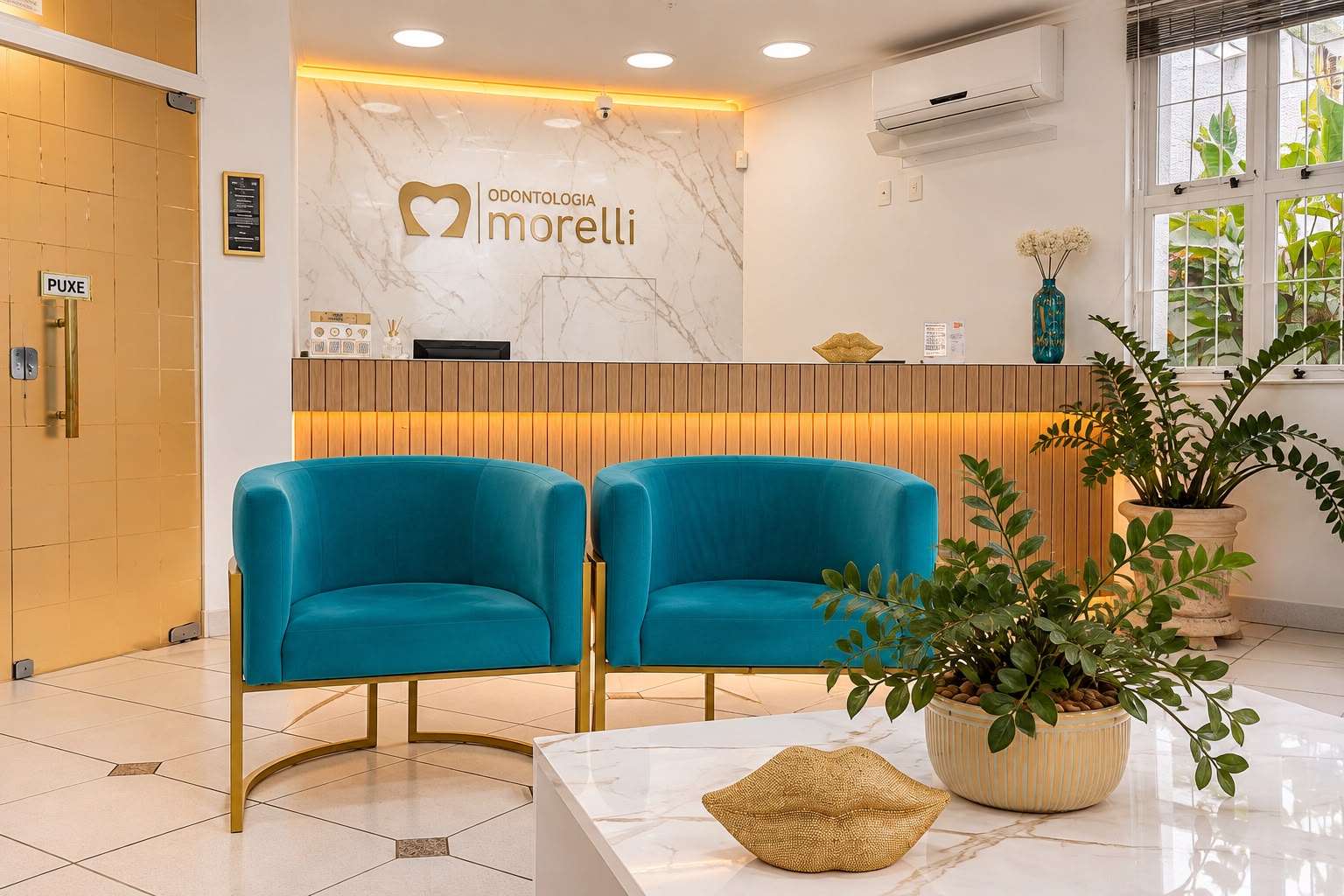 Recepção da Odontologia Morelli vista das poltronas, com mesa de centro e a parede da marca ao fundo